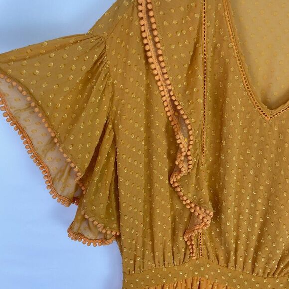 Scotch & Soda Ruffle Sleeve Lace Swiss-Dot Pom Pom Mini Dress Yellow XL - Picture 7 of 10